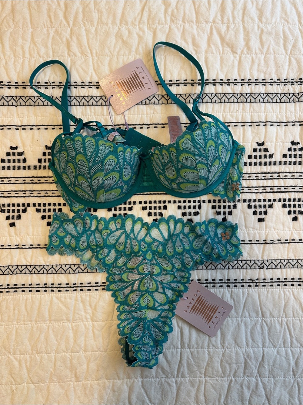 Savage X Fenty Teal & Lime Lace Underwire Bra and Matching Thong